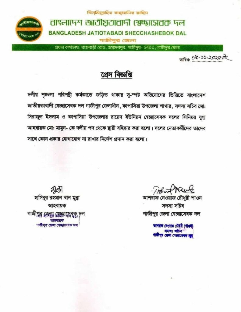 গাজীপুরে সাংবাদিকদের ওপর হামলার ঘটনায় স্বেচ্ছাসেবক দলের দুই নেতা বহিষ্কার